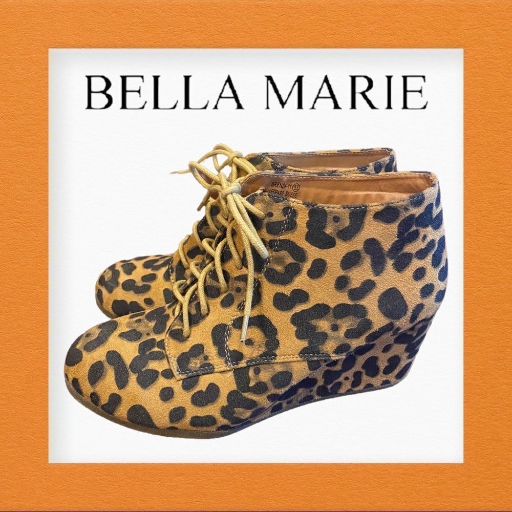 Bella Marie Leopard Suede Wedge Booties 8.5